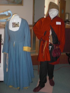 Clothing on display, dress and man's costume