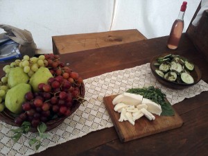 Fruits, fresh mozzarella with basil, and minted cucumbers