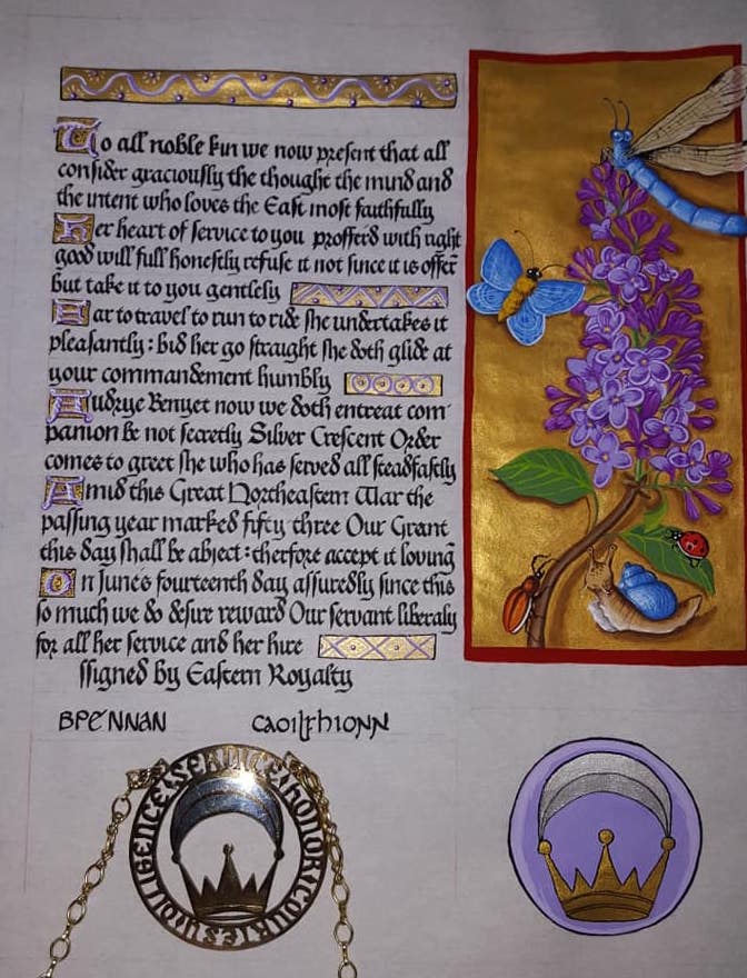 An image of a recreated medieval style illuminated page, with the text of this article